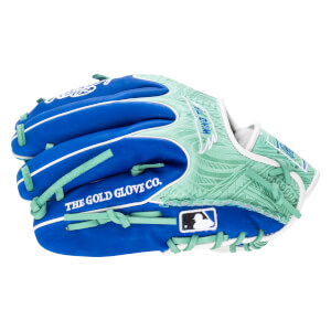 Side view of a blue and mint green baseball glove with "THE GOLD GLOVE CO." and MLB logo.