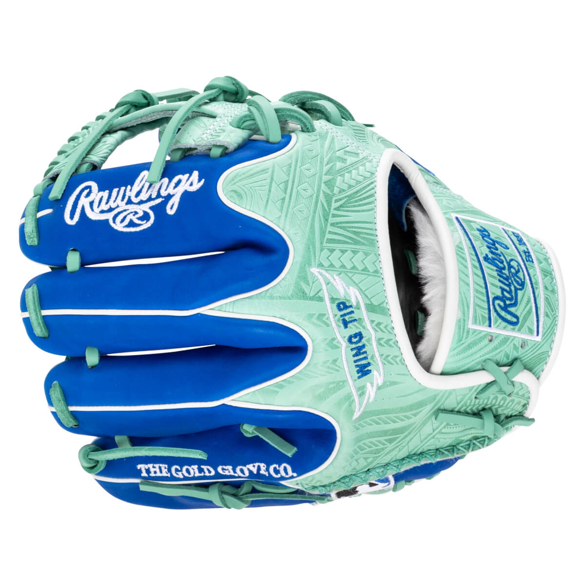 Top-down view of a blue and mint green baseball glove with "Rawlings" and "The Gold Glove Co." text.