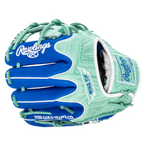 Top-down view of a blue and mint green baseball glove with "Rawlings" and "The Gold Glove Co." text.