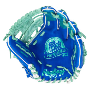 Front view of a blue Rawlings Pro Preferred baseball glove with mint green lacing and white accents.