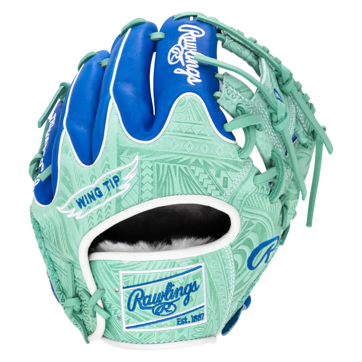 Front view of a mint green baseball glove with blue accents, featuring a "Rawlings Est. 1887" patch and "Wing Tip" text.