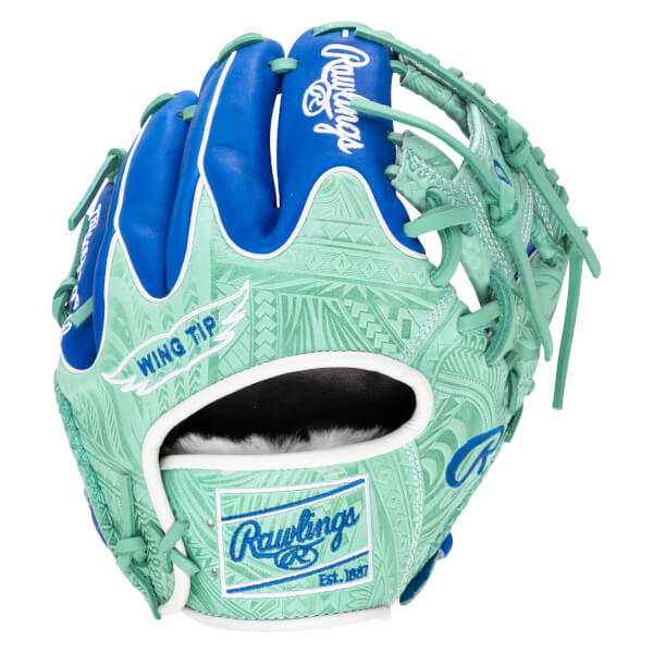 Front view of a mint green baseball glove with blue accents, featuring a "Rawlings Est. 1887" patch and "Wing Tip" text.