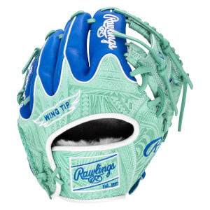 Front view of a mint green baseball glove with blue accents, featuring a "Rawlings Est. 1887" patch and "Wing Tip" text.