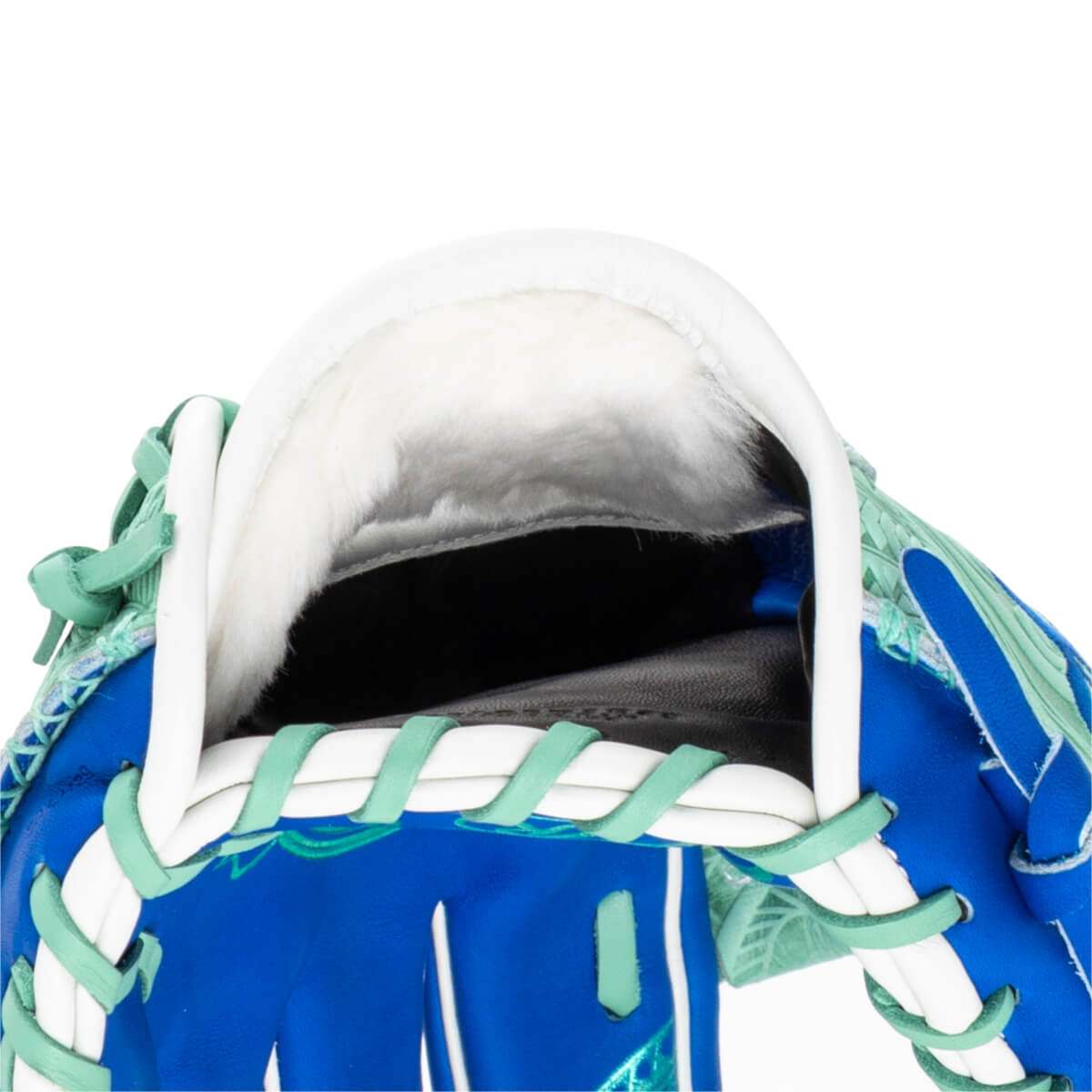 Interior view of a blue baseball glove with white and mint green lacing and a fuzzy white lining.