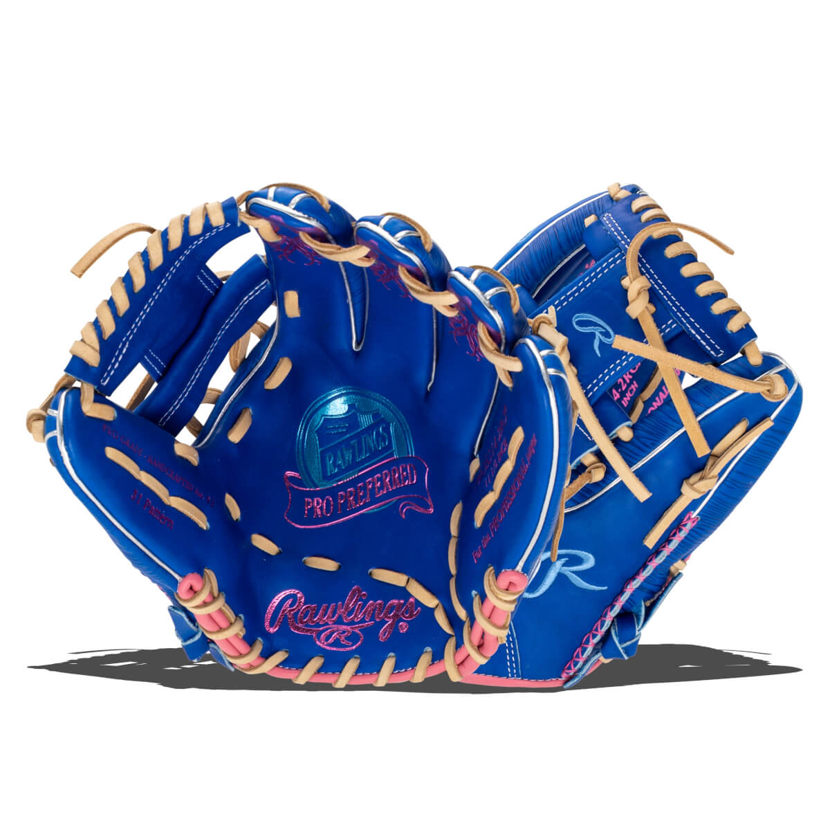 Front view of a blue Rawlings Pro Preferred baseball glove with pink accents and tan lacing.