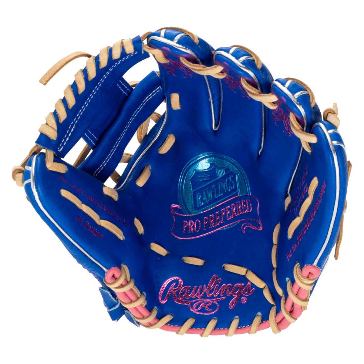 Front view of a blue Rawlings Pro Preferred baseball glove with pink accents and "Rawlings" logo.