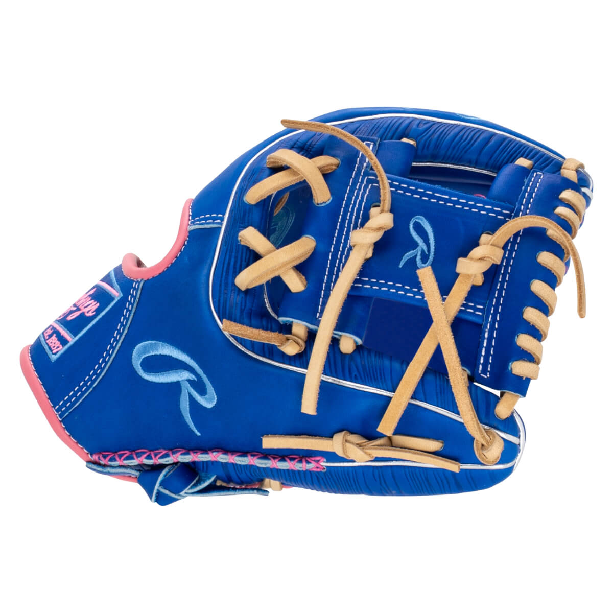 Side view of a blue baseball glove with pink trim, tan lacing, and a white Rawlings "R" logo.