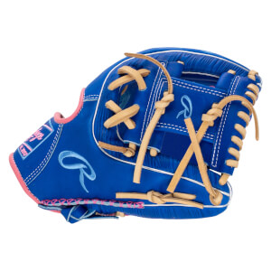 Side view of a blue baseball glove with pink trim, tan lacing, and a white Rawlings "R" logo.