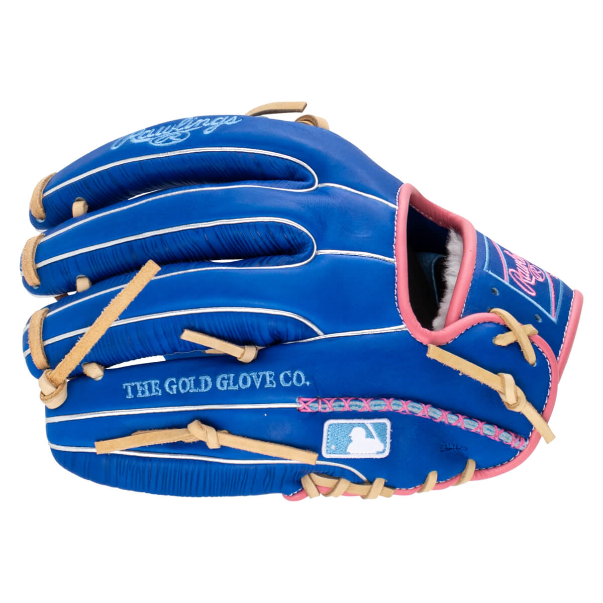 Front view of a blue baseball glove with white piping, pink trim, and "THE GOLD GLOVE CO." text.
