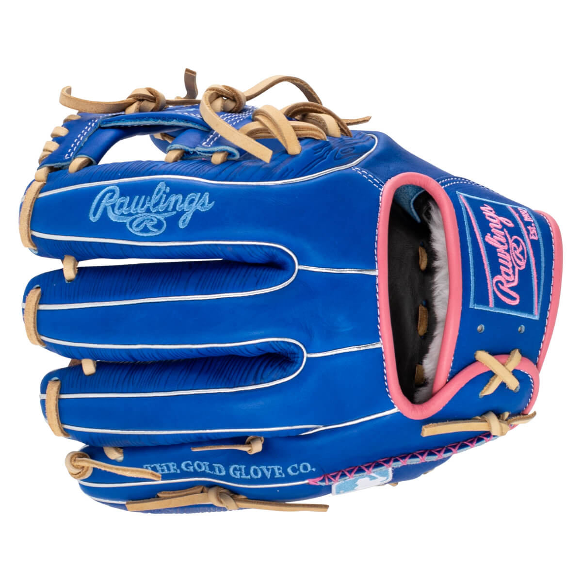 Side view of a blue Rawlings baseball glove with pink trim, white stitching, and "Rawlings" and "THE GOLD GLOVE CO." text.