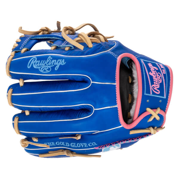 Side view of a blue Rawlings baseball glove with pink trim, white stitching, and "Rawlings" and "THE GOLD GLOVE CO." text.