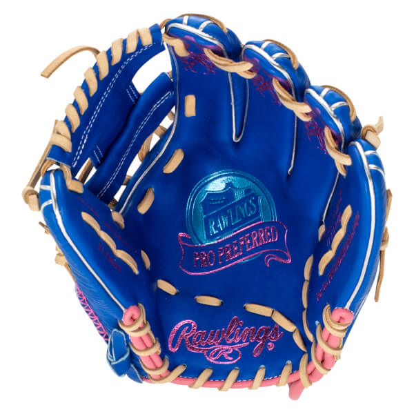 Top-down view of a blue Rawlings Pro Preferred baseball glove with pink accents and silver trim.