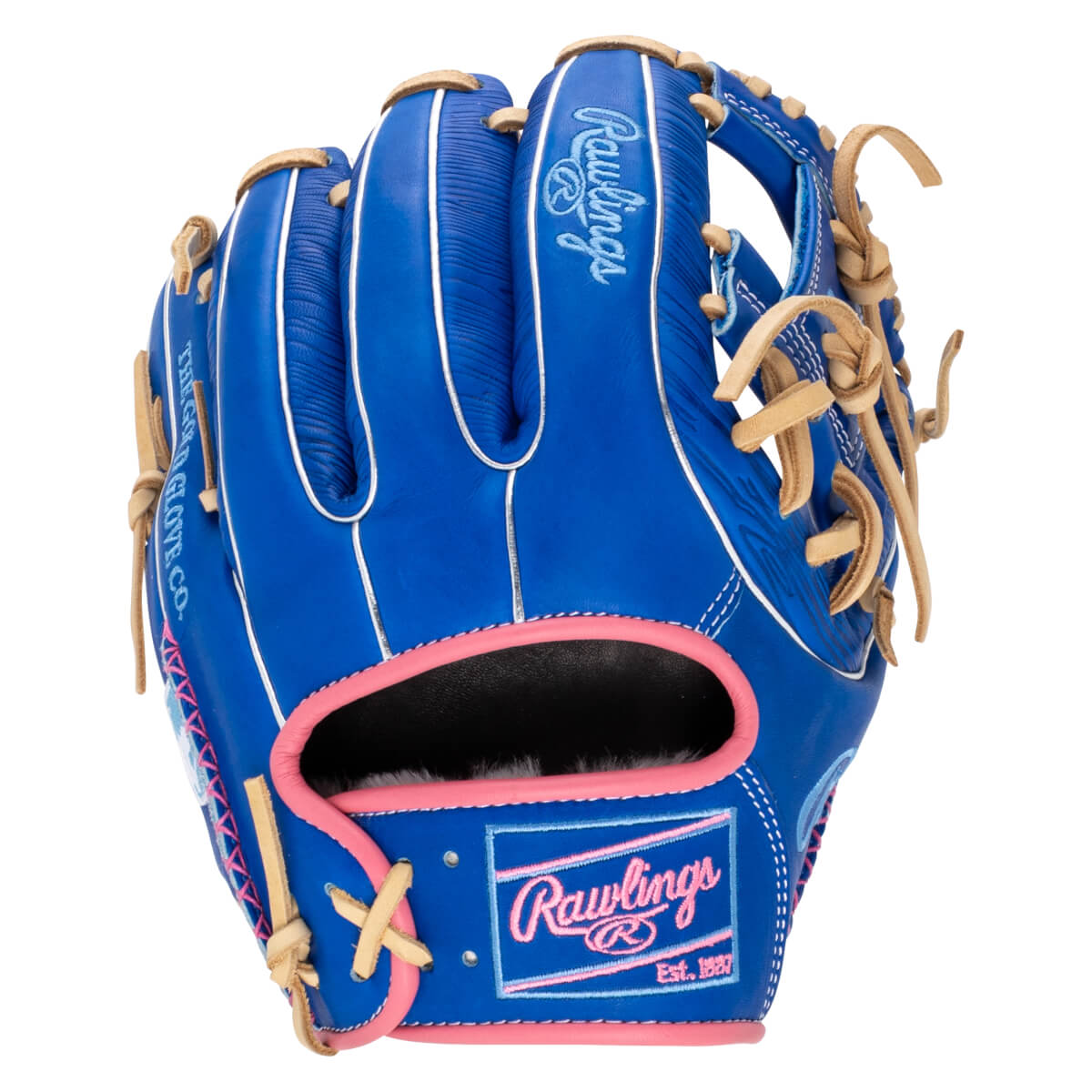 Front view of a blue baseball glove with pink trim, featuring a Rawlings logo and "Est. 1887".
