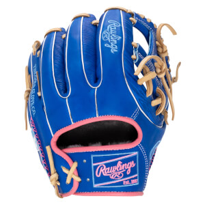 Front view of a blue baseball glove with pink trim, featuring a Rawlings logo and "Est. 1887".