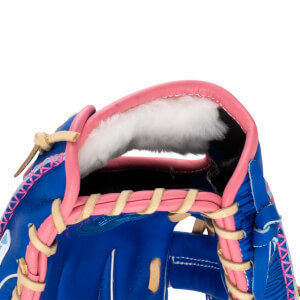Close-up of a blue baseball glove with pink trim, white fur lining, and tan lacing.