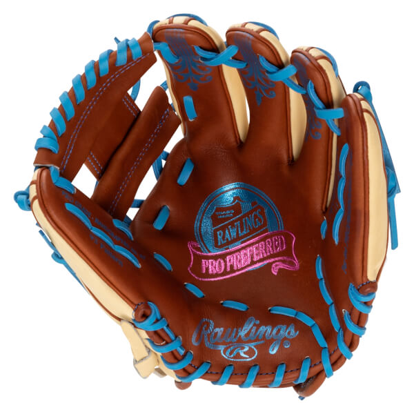 Top-down view of a brown Rawlings Pro Preferred baseball glove with bright blue lacing and accents.