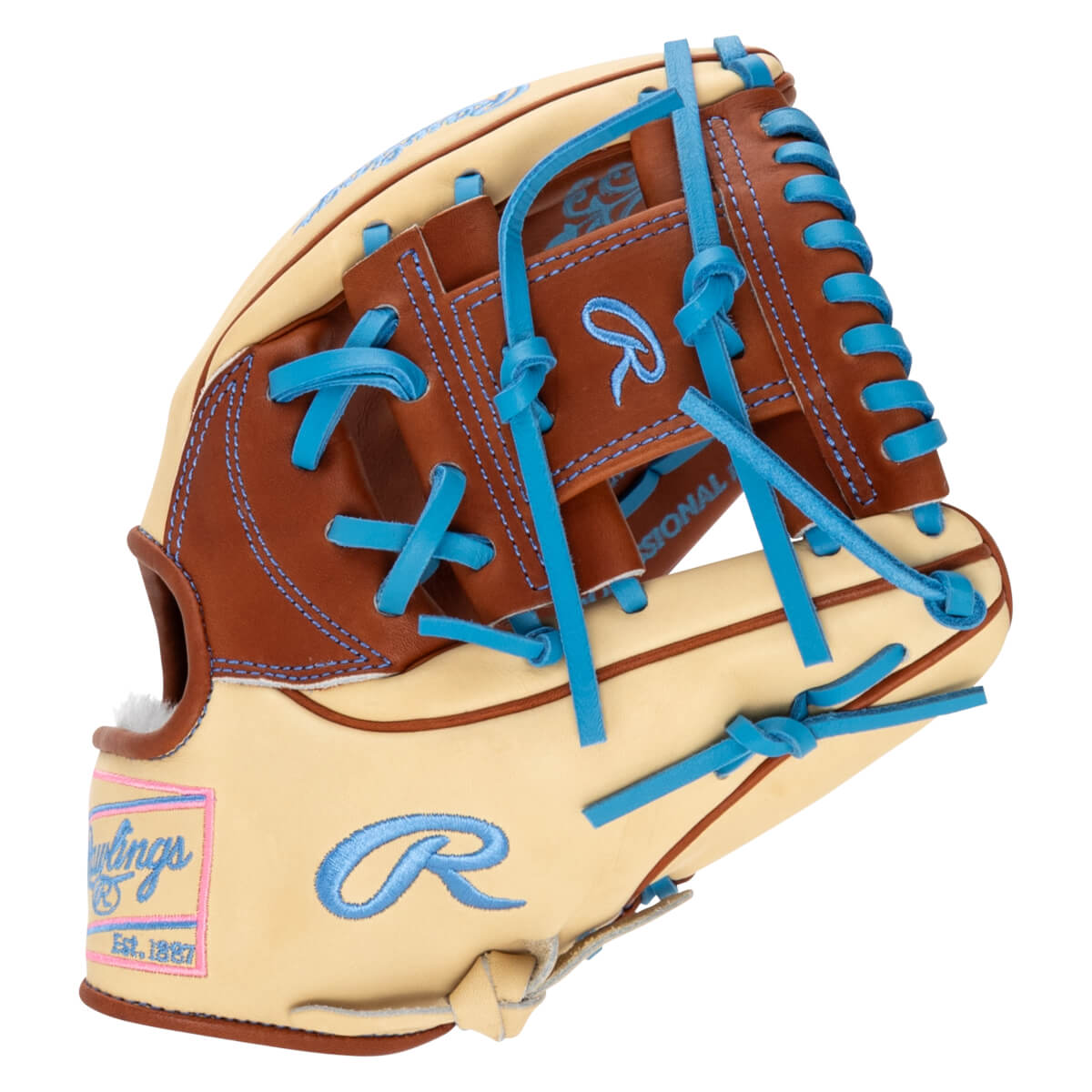 Front view of a tan baseball glove with bright blue lacing and stitching, featuring a Rawlings logo.