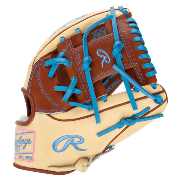 Front view of a tan baseball glove with bright blue lacing and stitching, featuring a Rawlings logo.