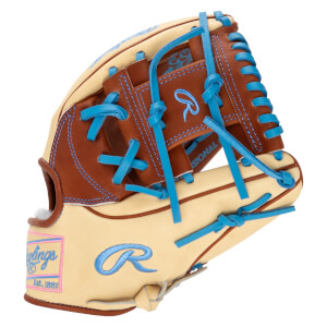 Front view of a tan baseball glove with bright blue lacing and stitching, featuring a Rawlings logo.