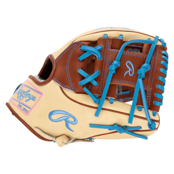 Side view of a Rawlings baseball glove with tan leather, brown accents, and bright blue lacing.