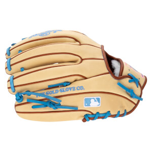 Side view of a tan baseball glove with blue lacing and "THE GOLD GLOVE CO." embroidered in blue.