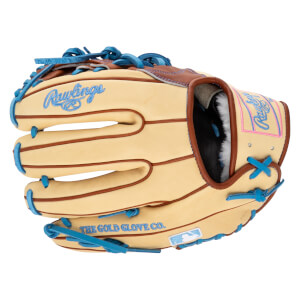 Front view of a tan baseball glove with blue laces, featuring "Rawlings" and "THE GOLD GLOVE CO." text.