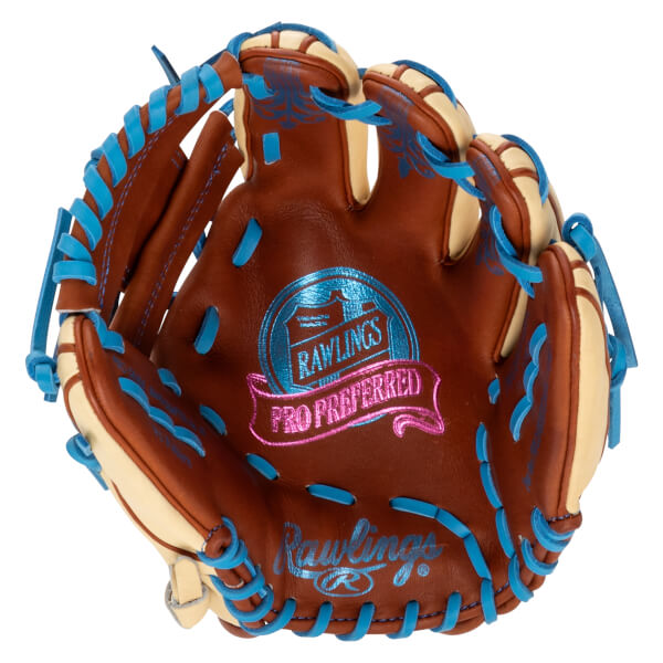 Top-down view of a brown Rawlings baseball glove with bright blue lacing and a "PRO PREFERRED" banner.