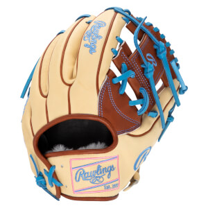 Front view of a tan baseball glove with blue laces and stitching, featuring a "Rawlings Est. 1887" patch.