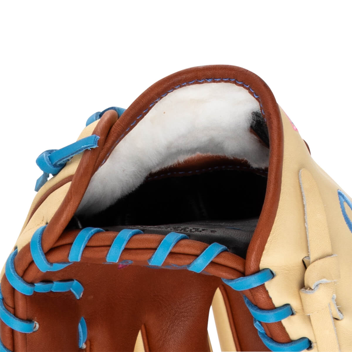 Close-up of a baseball glove's interior showing tan leather, white lining, and bright blue lacing.
