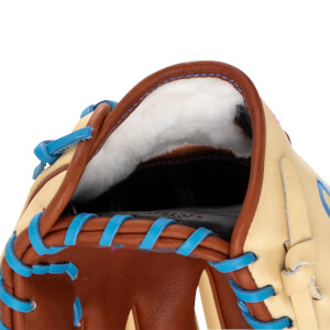 Close-up of a baseball glove's interior showing tan leather, white lining, and bright blue lacing.