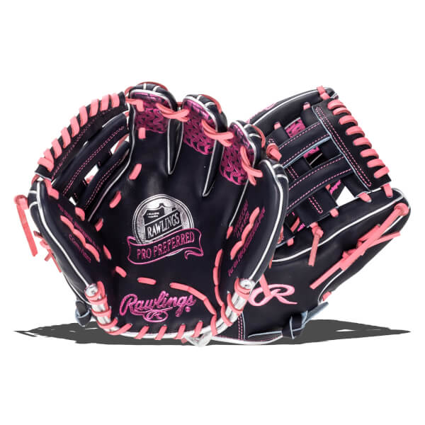 Close-up of a black Rawlings Pro Preferred baseball glove with pink lacing and white trim.