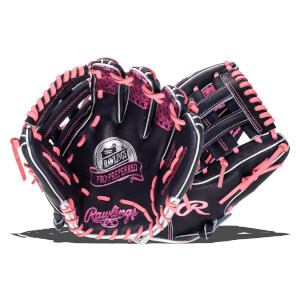 Close-up of a black Rawlings Pro Preferred baseball glove with pink lacing and white trim.