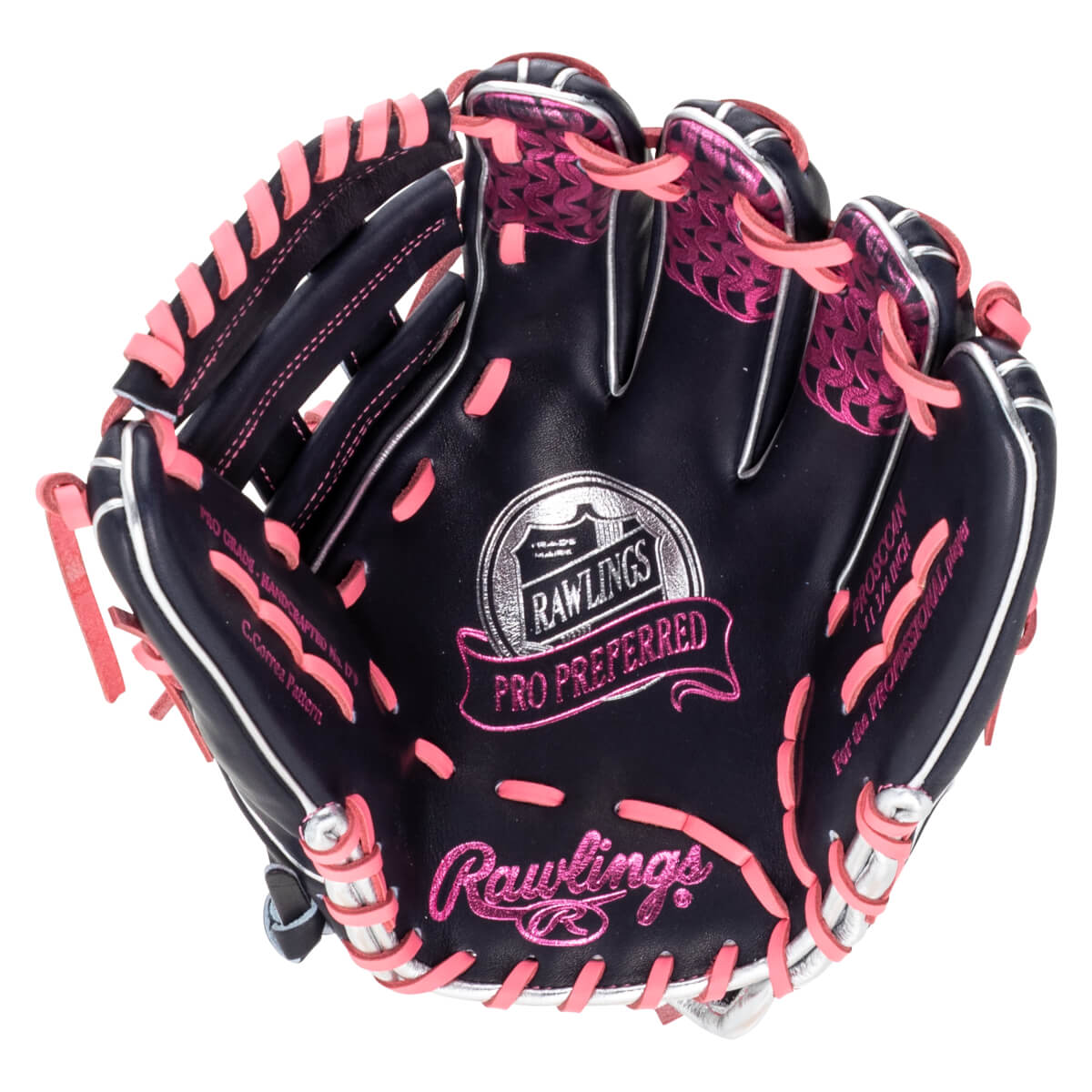Top-down view of a navy baseball glove with pink lacing and accents, featuring "Rawlings" and "PRO PREFERRED" text.
