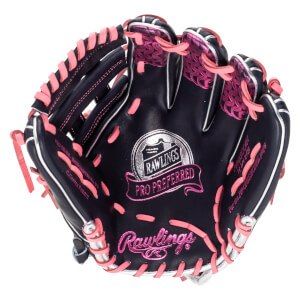 Top-down view of a navy baseball glove with pink lacing and accents, featuring "Rawlings" and "PRO PREFERRED" text.
