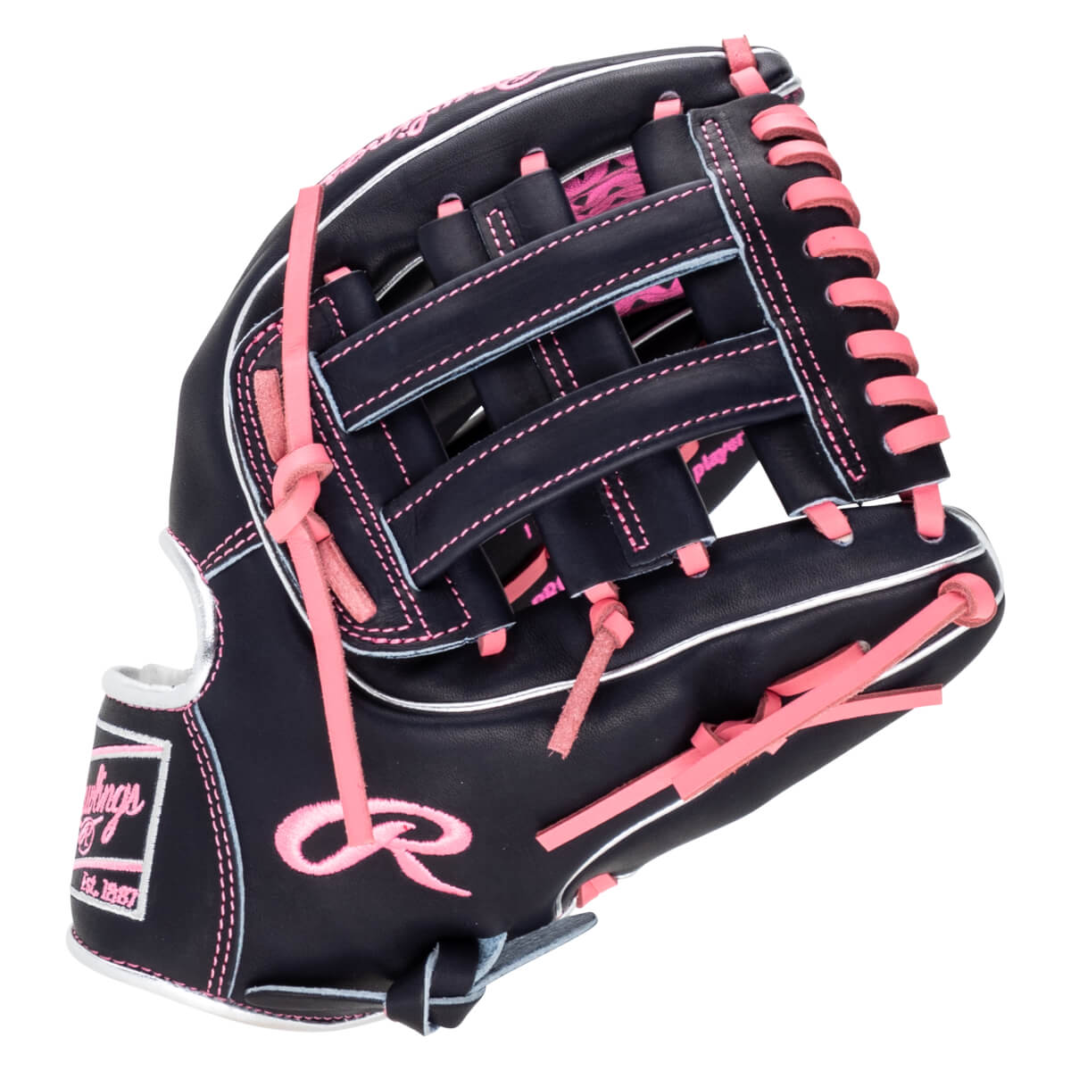 Front view of a navy baseball glove with pink lacing and stitching, featuring a pink "R" logo.