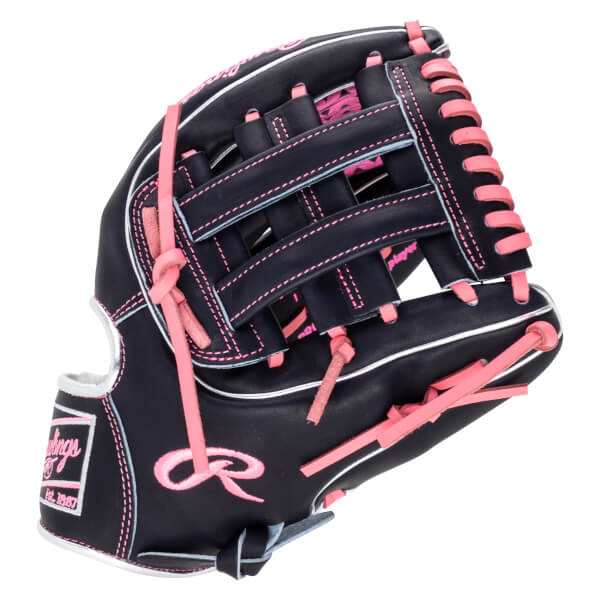 Front view of a navy baseball glove with pink lacing and stitching, featuring a pink "R" logo.