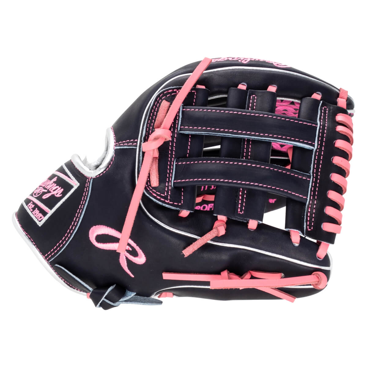Side view of a navy baseball glove with pink lacing and "Rawlings" logo.