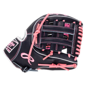 Side view of a navy baseball glove with pink lacing and "Rawlings" logo.
