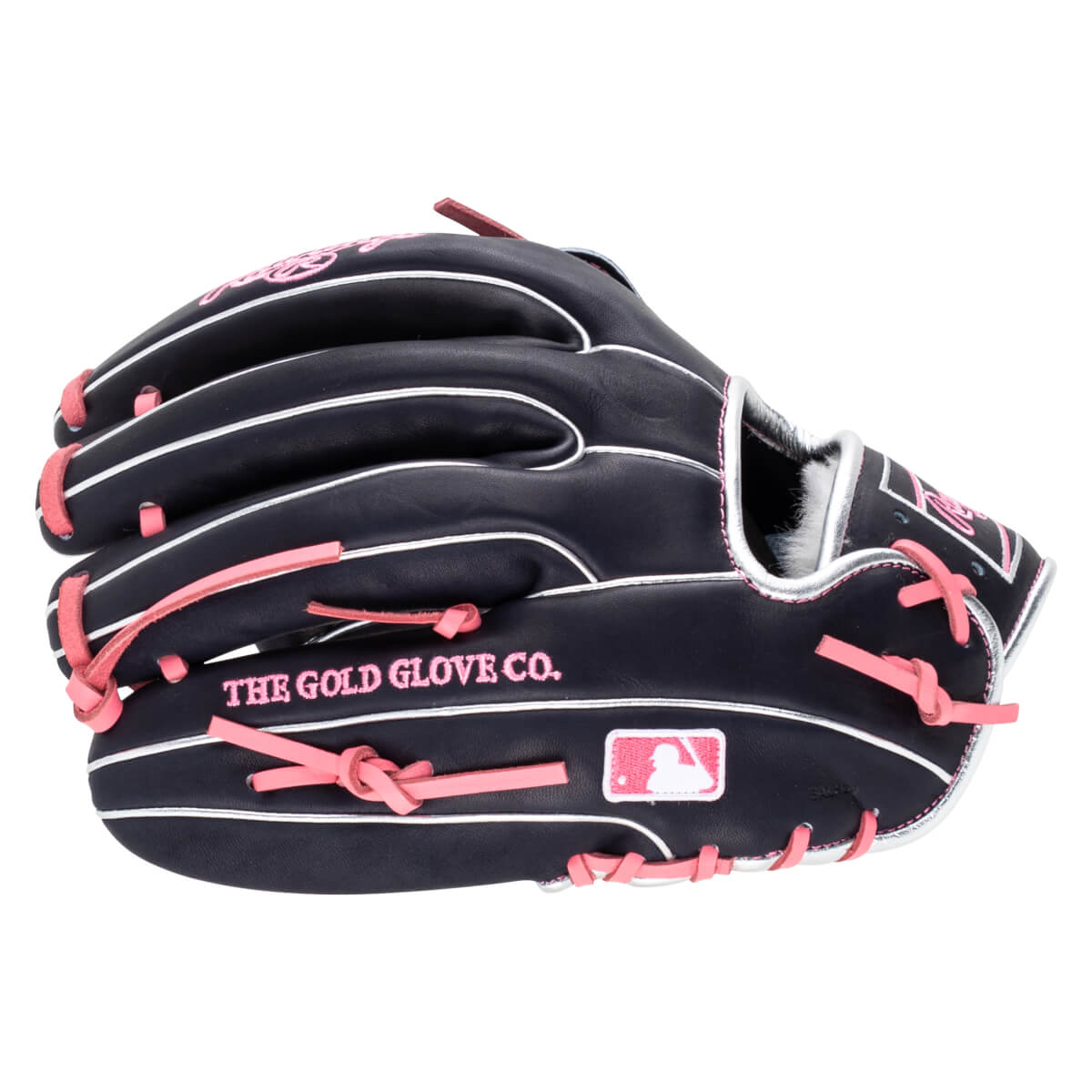 Side view of a navy baseball glove with pink lacing, white piping, and "THE GOLD GLOVE CO." text.