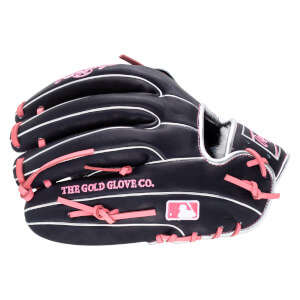 Side view of a navy baseball glove with pink lacing, white piping, and "THE GOLD GLOVE CO." text.