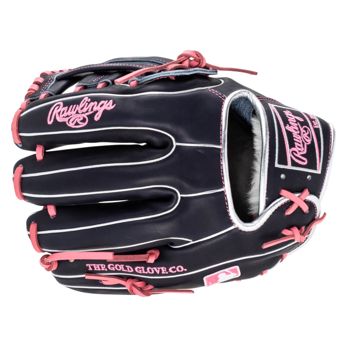 Front view of a navy baseball glove with pink lacing, featuring "Rawlings" and "THE GOLD GLOVE CO." text.