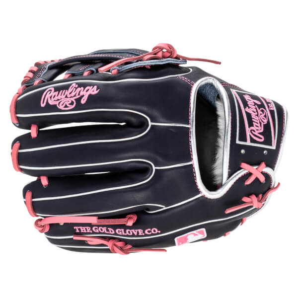Front view of a navy baseball glove with pink lacing, featuring "Rawlings" and "THE GOLD GLOVE CO." text.