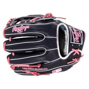 Front view of a navy baseball glove with pink lacing, featuring "Rawlings" and "THE GOLD GLOVE CO." text.