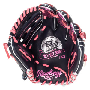 Top-down view of a navy baseball glove with pink lacing and "Rawlings PRO PREFERRED" text.