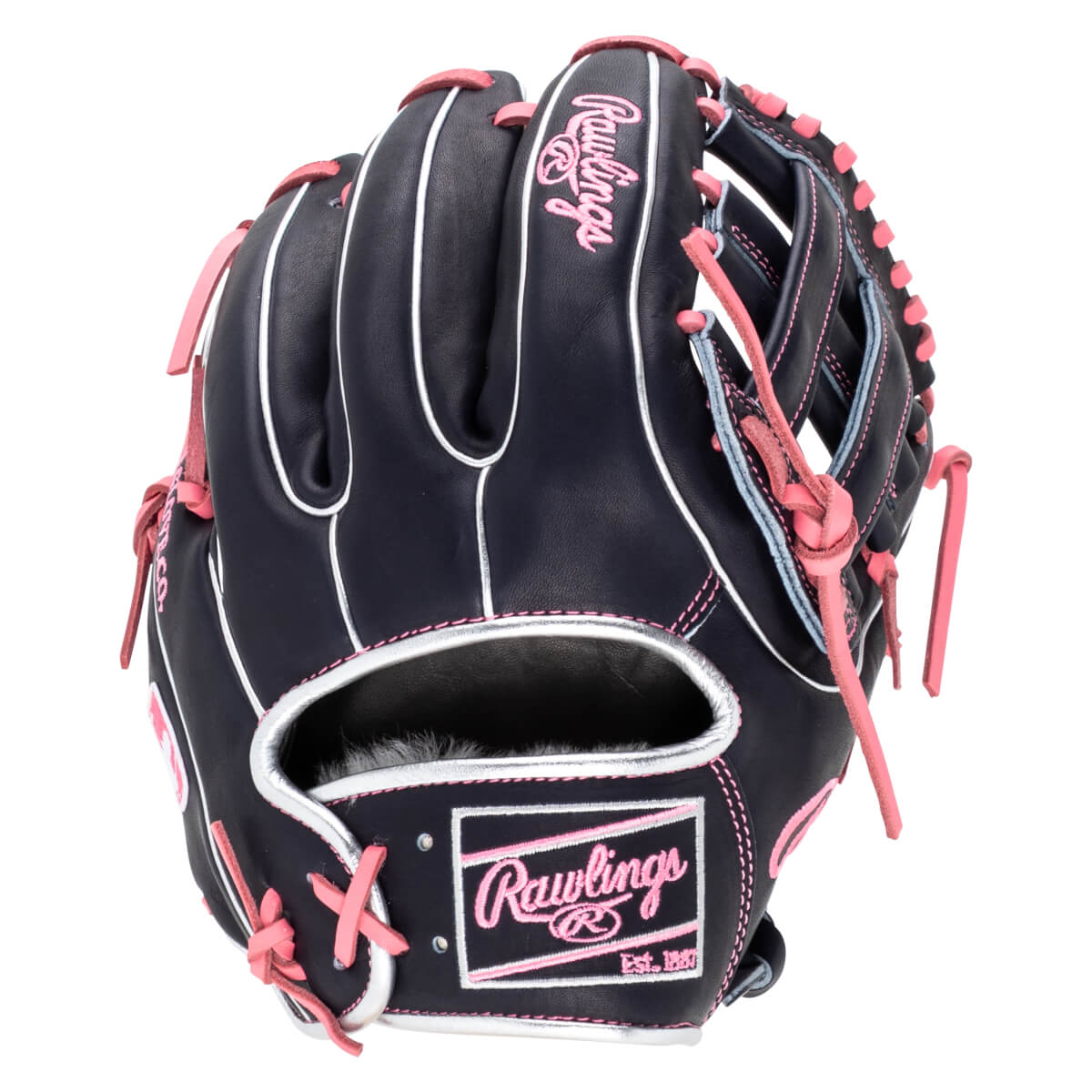 Front view of a navy Rawlings baseball glove with pink lacing and white stitching.