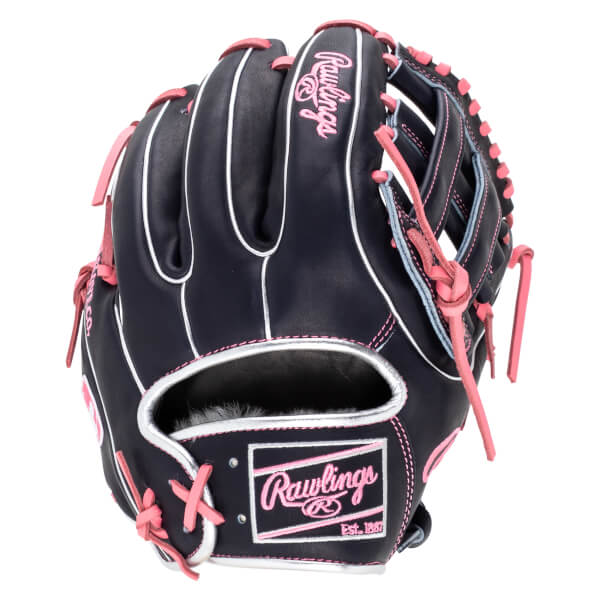 Front view of a navy Rawlings baseball glove with pink lacing and white stitching.