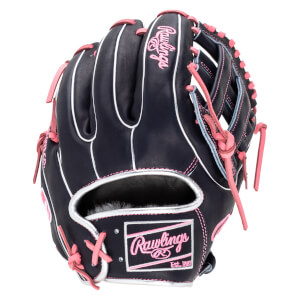 Front view of a navy Rawlings baseball glove with pink lacing and white stitching.