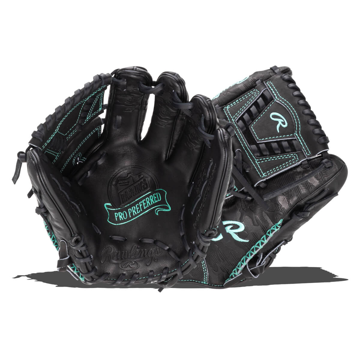 Front view of a black Rawlings Pro Preferred baseball glove with teal stitching and a Rawlings logo.