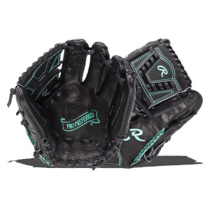 Front view of a black Rawlings Pro Preferred baseball glove with teal stitching and a Rawlings logo.