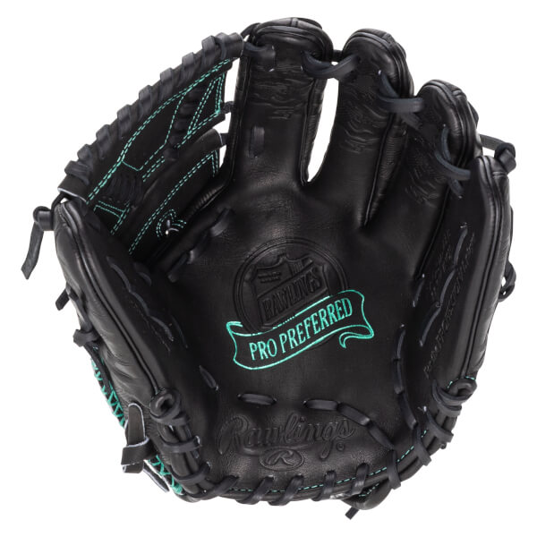 Top-down view of a black Rawlings Pro Preferred baseball glove with teal stitching and embossed logos.